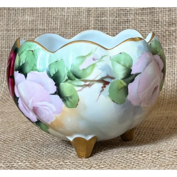 Vintage Hand Painted Floral Pedestal Bowl Candy Dish Planter Gold Trim Elegant - Picture 4 of 8